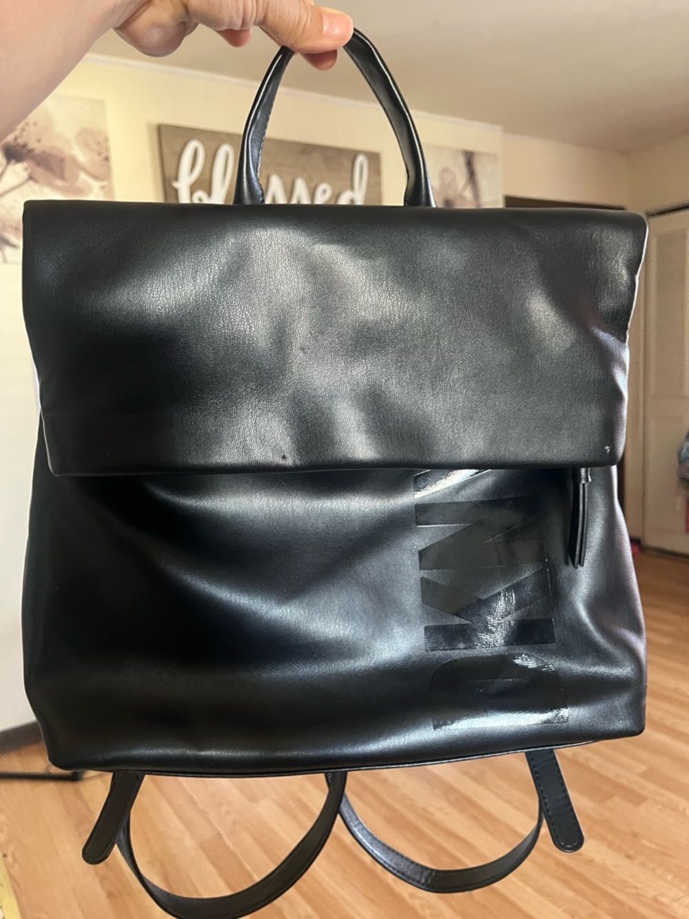 DKNY Black Fold-Top Leather Backpack